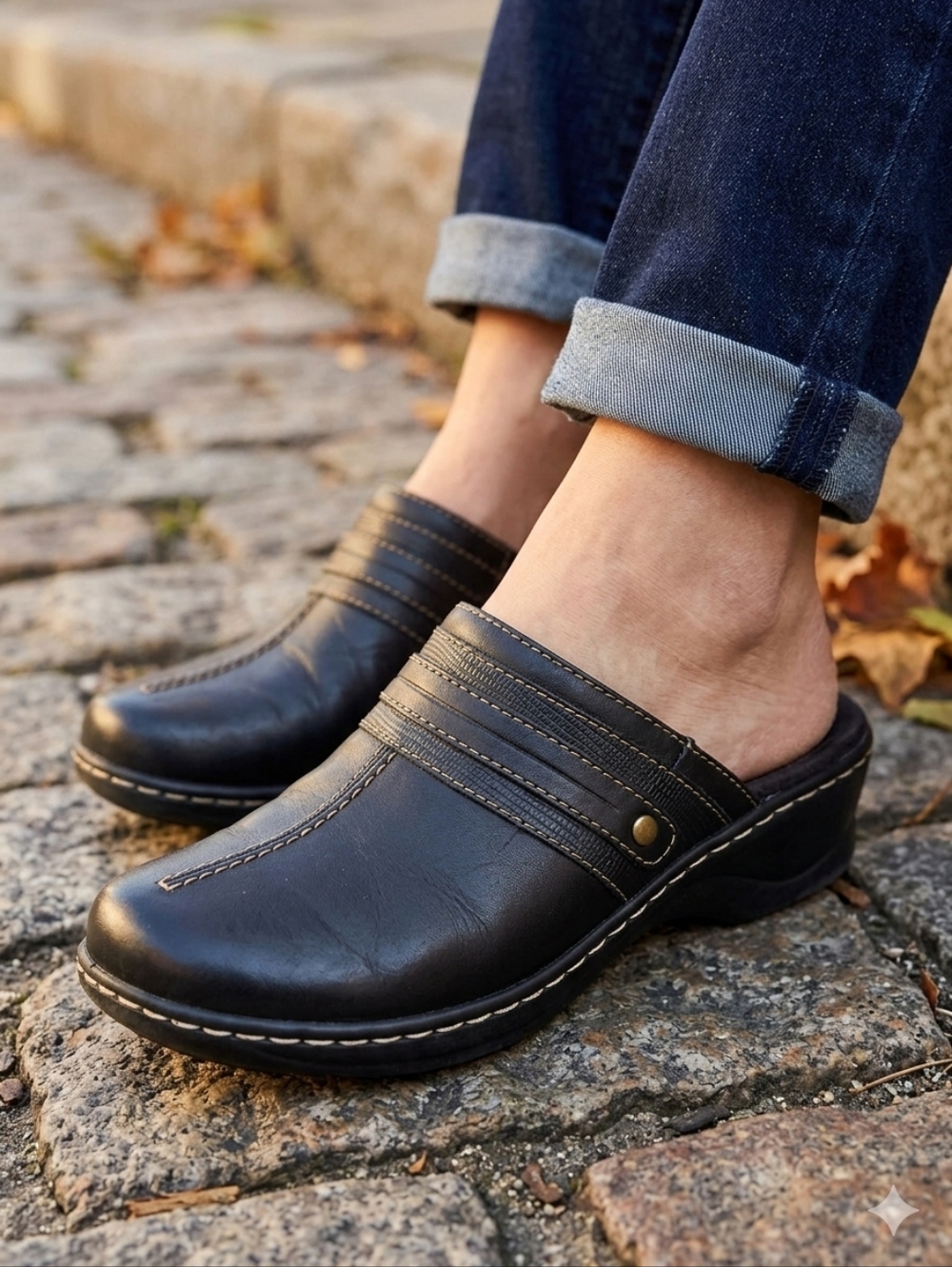 Clarks Black Leather Slip On Clogs Comfort Mules - 6.5